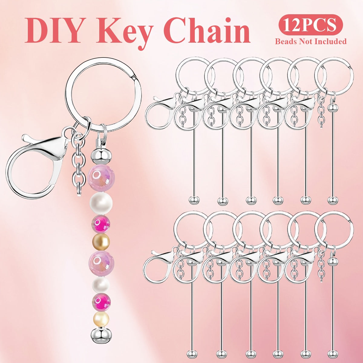 Kit de porte-clés à perler en acier inoxydable – 12 et 24 pièces, pendentifs en métal avec breloques pour loisirs créatifs, cadeaux de Noël et d'Halloween, doré, argenté et or rose