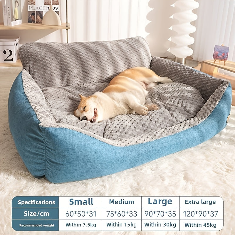 Canapé-lit de luxe en peluche pour animaux avec dossier haut – Panier pour chiens et chats épais, chaud et lavable, confort toutes saisons, housse facile à nettoyer, tailles S L XL, bleu gris