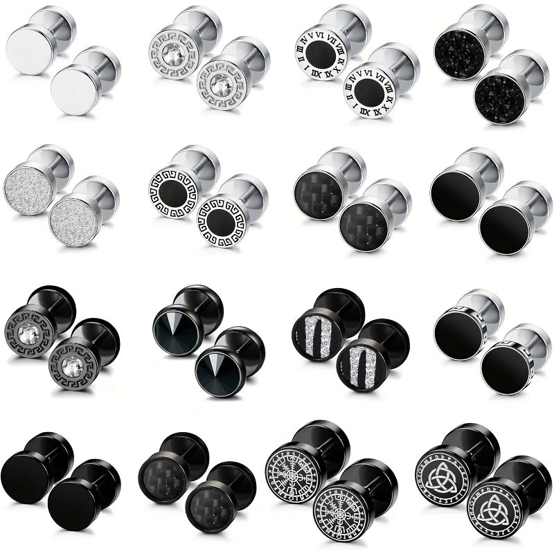 Lot de 16 fausses boucles d'oreilles écarteurs pour hommes et femmes – Clous d'oreilles style plug en acier inoxydable 316L, 8 mm, styles variés noirs et argentés, ensemble de boucles d'oreilles hypoallergéniques, idéal pour un cadeau