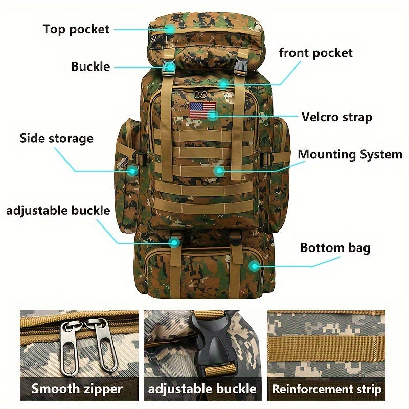 Sac à dos de randonnée tactique 80 L, sac d'assaut 3 jours – Système MOLLE unisexe en tissu Oxford réglable pour la randonnée, le camping, la chasse, les voyages et le sport, 6 couleurs
