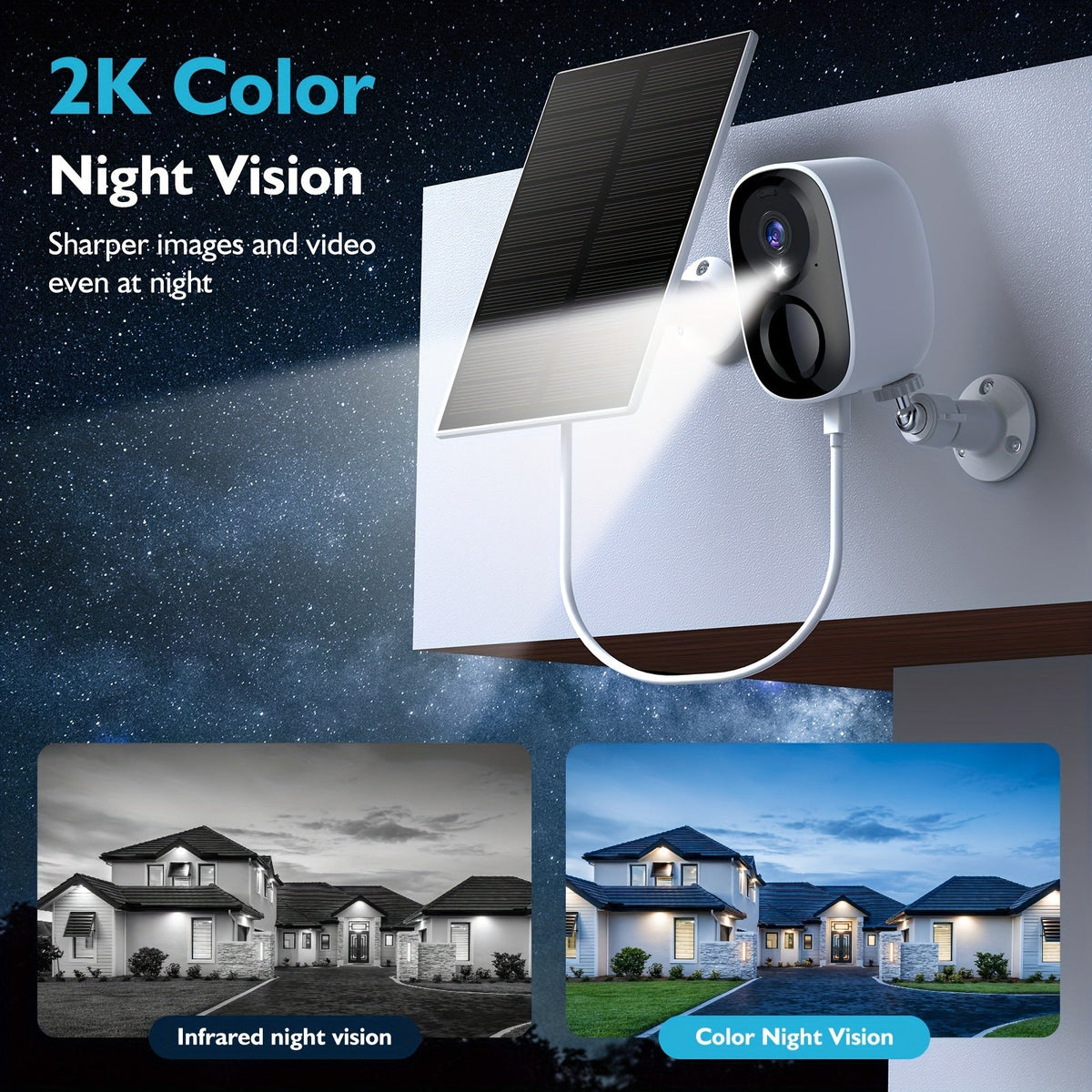Caméra de sécurité extérieure solaire 2K 3MP – CCTV WiFi sans fil avec détection de mouvement IA, vision nocturne couleur, projecteur, audio bidirectionnel, étanchéité IP66, sans frais mensuels, stockage cloud et SD, sur batterie
