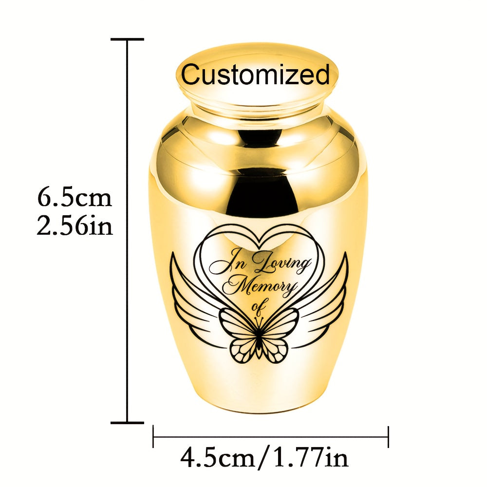 Mini urne funéraire personnalisée pour cendres - Urne souvenir en alliage d'aluminium avec motif cœur, ange et papillon pour cendres humaines et d'animaux, petit reliquaire commémoratif, options de couvercle argent, or ou violet