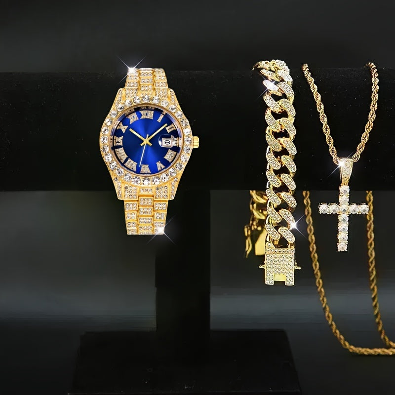 Ensemble cadeau pour homme : montre à quartz avec strass, collier et bracelet, 3 ou 4 pièces – Parure de bijoux avec collier croix pour homme, accessoire de fan de football, cadeau d'anniversaire ou de fêtes, argenté ou doré