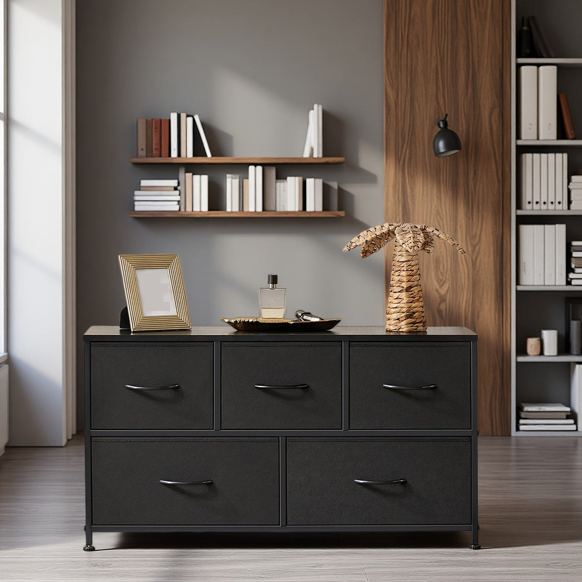 Caisson de rangement latéral à 5 tiroirs avec cadre en métal et dessus en bois – Organisateur de bureau industriel, 3 tiroirs supérieurs + 2 tiroirs inférieurs, rangement ouvert, supporte une télévision jusqu'à 45 po – Noir et gris