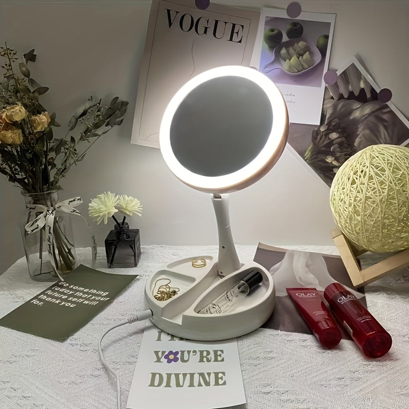 Miroir de maquillage LED avec grossissement 10X – Miroir de courtoisie double face éclairé, LED lumineuses, alimentation USB et piles, miroir de table facile à transporter pour salle de bain, chambre et coiffeuse