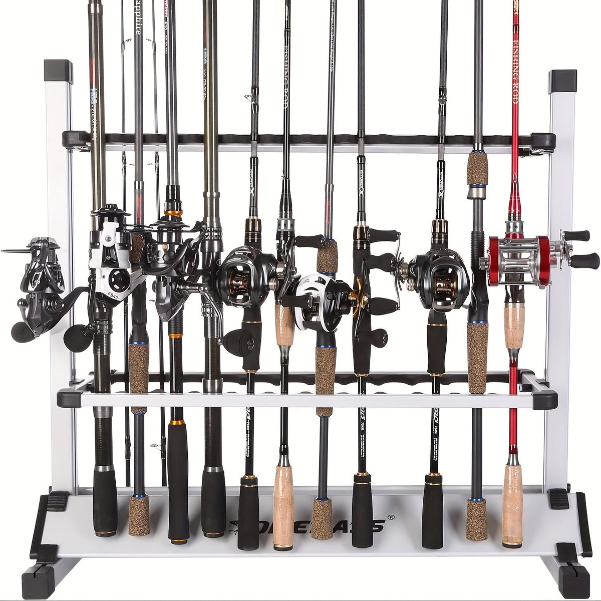 Support de cannes à pêche portable pour 24 cannes, en alliage d'aluminium résistant à la rouille avec poignées rembourrées - Rangement léger pour garage, chalet, chambre et équipement de pêche