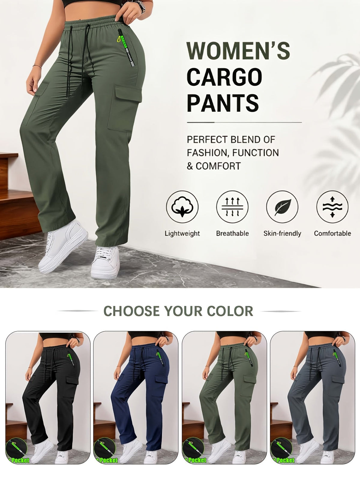 Pantalon cargo multipoches pour femme – Détails zippés vert néon, taille à cordon de serrage, pantalon outdoor pleine longueur pour le voyage, 4 coloris, tailles XS à XXL, streetwear décontracté printemps-automne