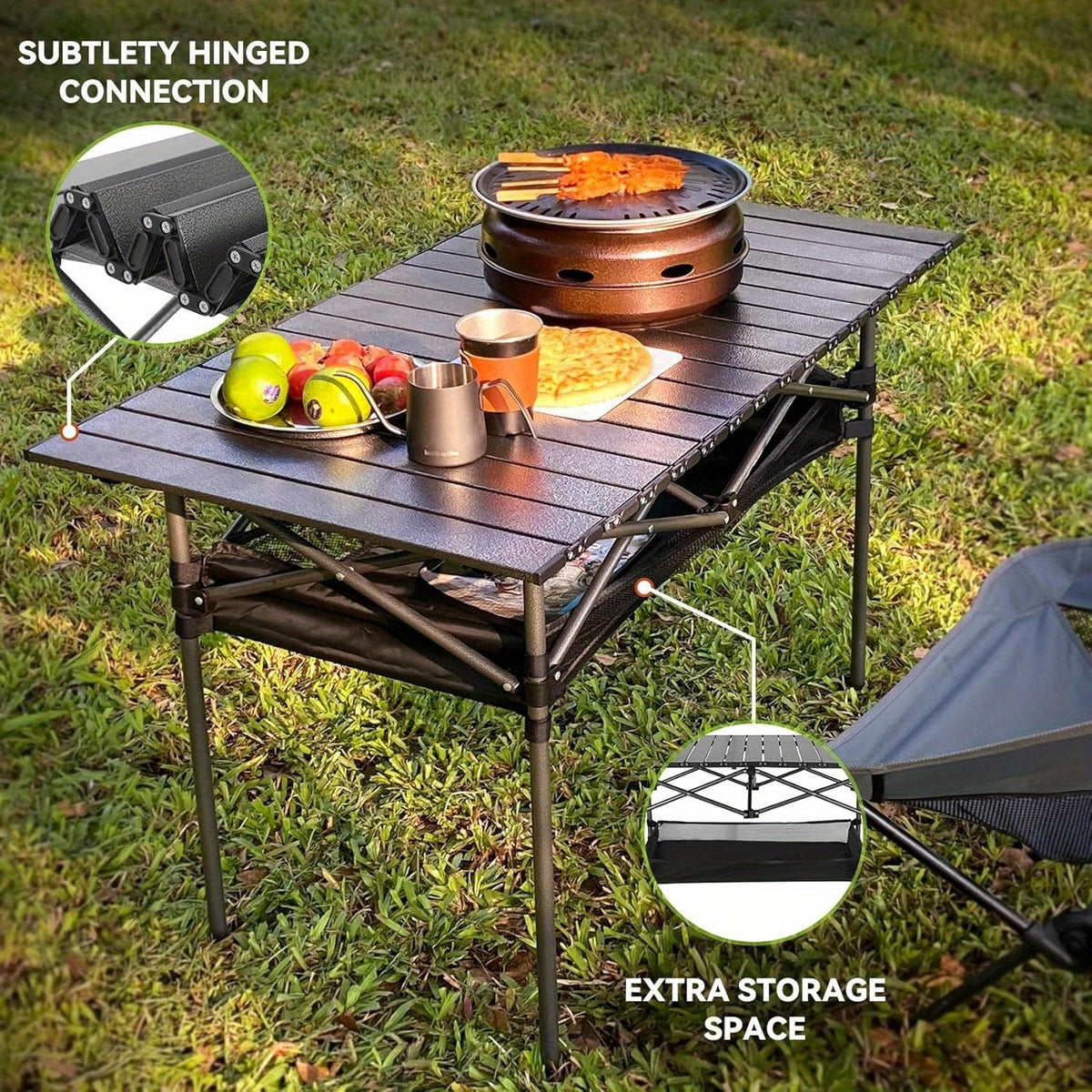 Table de camping pliante portable, table d'extérieur légère et rétractable avec sac de transport, pieds robustes, grande surface plane pour pique-nique, barbecue, plage, randonnée, hayon, design compact et durable, tailles L et XL
