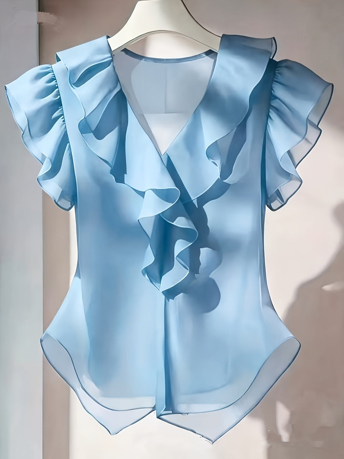 Haut femme en mousseline à manches courtes et volants – Chemisier d'été décontracté coupe évasée, couleur unie, disponible en 21 coloris, 100 % polyester tissé