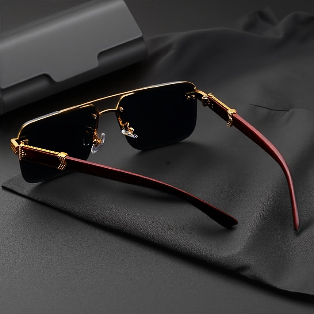 Lunettes de vue homme semi-cerclées style affaires – Monture en métal légère avec embouts de branches effet bois, lunettes fantaisie sans correction pour le bureau, la conduite, les voyages et le quotidien