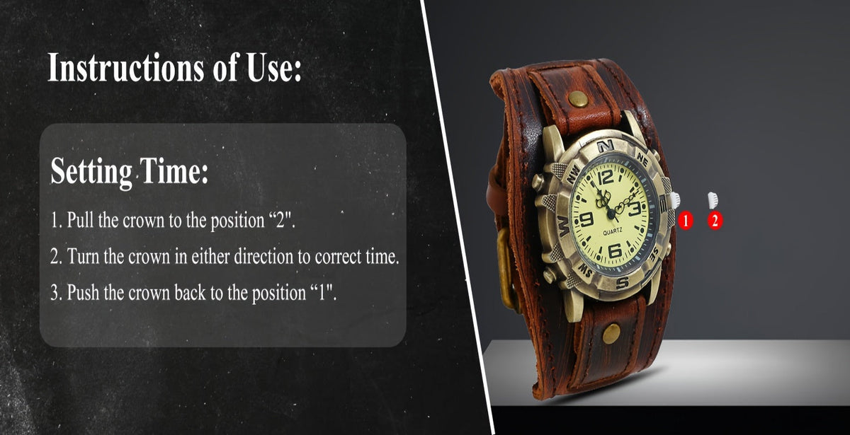 Montre à quartz analogique unisexe style steampunk vintage avec large bracelet en cuir – Style biker, boîtier rond, marron foncé, noir, marron, cadeau pour Halloween, Noël, fête des Pères