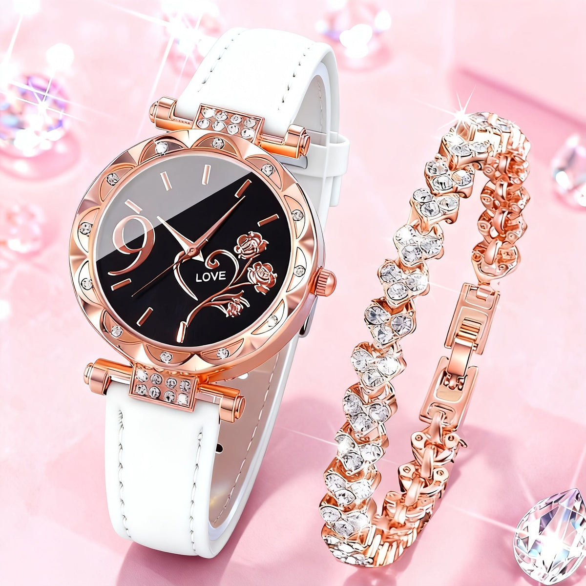 Coffret montre cœur orné de strass pour femme – 2 montres à quartz avec bracelet en similicuir, ensemble de montres-bracelets or rose et rose, idée cadeau pour la Saint-Valentin, les anniversaires et les fêtes
