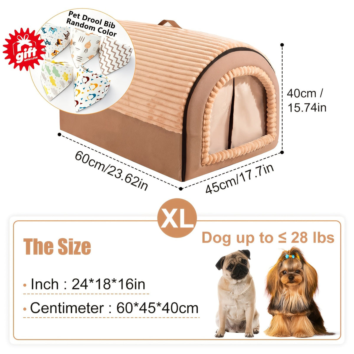 Niche pour chien pliable 2-en-1 toutes saisons – Maison pour animaux entièrement fermée avec poignée, nid douillet, doux et antidérapant, lavable pour chiens et chats de grande, moyenne et petite taille – Bavoir offert – Velora