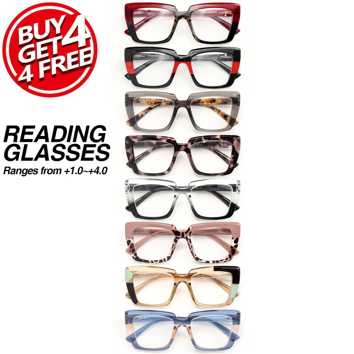Lot de 8 paires de lunettes de lecture rétro rectangulaires pour femmes, design coloré, charnières à ressort, ajustement confortable, cadeau pour fête, vacances, Halloween, Noël, correction de +1,00 à +4,00