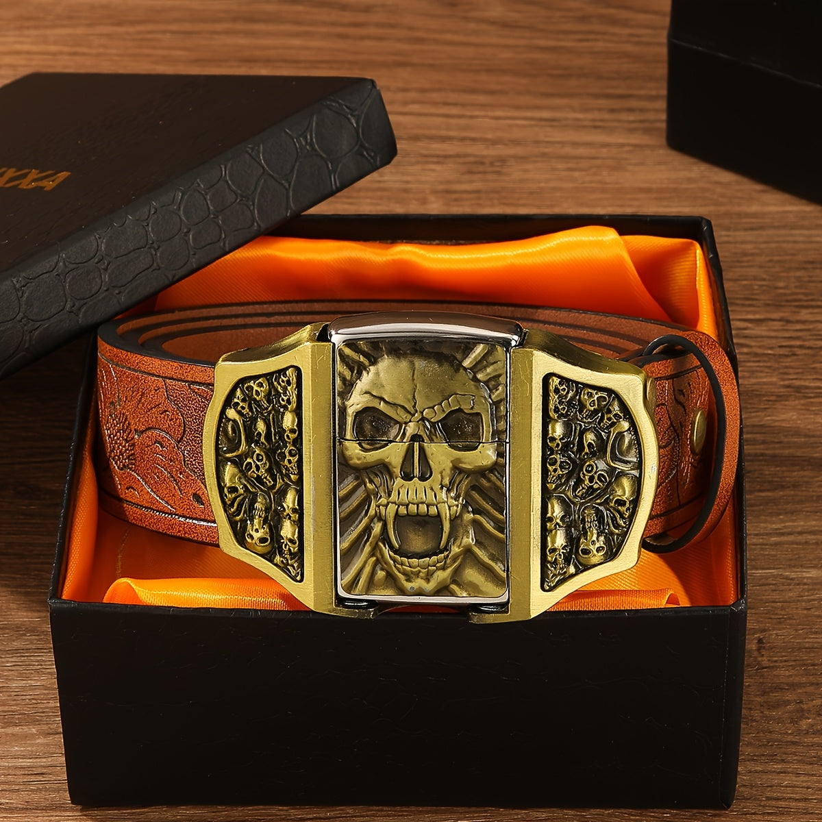 Ceinture de cowboy rétro avec briquet amovible – Ceinture fantaisie à motifs imprimés en relief (tête de mort, aigle, croix et motifs amérindiens), cadeau original pour hommes pour Noël, Thanksgiving et la Saint-Valentin