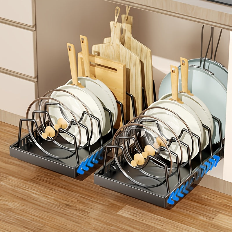 Organisateur de placard coulissant pour casseroles et poêles avec support à couvercles – 8/16 séparateurs réglables, installation sans perçage, rangement coulissant pour couvercles, ustensiles de pâtisserie et assiettes – 1 ou 2 pièces, noir et blanc
