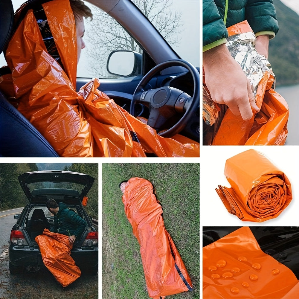 Kit de 4 sacs de couchage d'urgence en Mylar – 2 sacs de couchage thermiques de survie + 2 sifflets, abri portable léger pour le camping, la randonnée, le trekking, la survie en plein air et les urgences