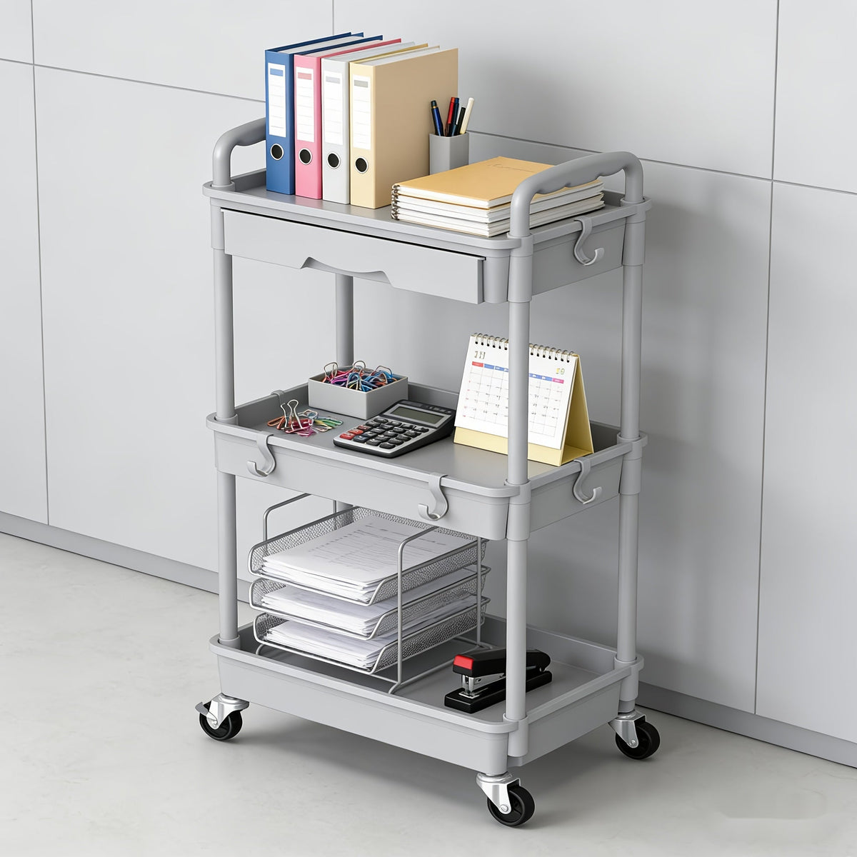 Desserte de rangement à roulettes 3 et 4 niveaux avec tiroir et roues verrouillables – Étagère de rangement multifonctionnelle en plastique pour cuisine, salle de bain, salon, bureau – 7 couleurs