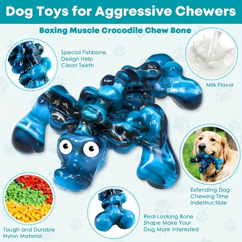 Jouet à mâcher indestructible en forme de crocodile pour chien – Jouet couineur durable en nylon et caoutchouc pour mâcheurs agressifs de 9 à 45 kg, saveur lait, texture à picots pour le nettoyage des dents, pour chiens de grande, moyenne et petite taille