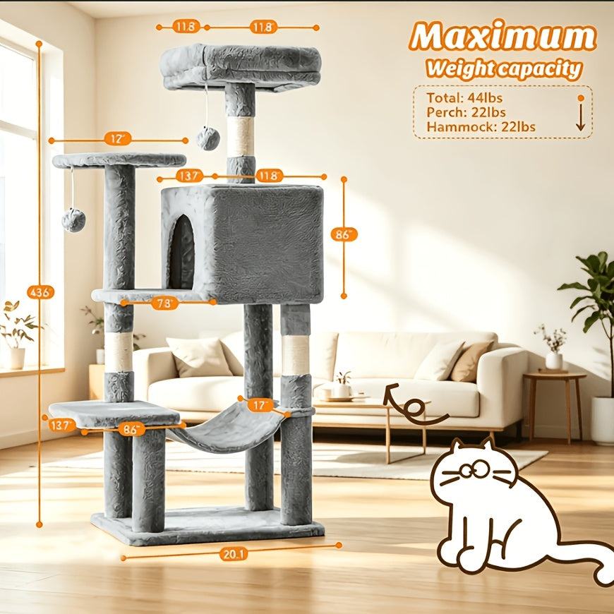 Arbre à chat de 112 cm avec poteaux à griffer en sisal naturel, grand hamac et niche fermée - Structure d'escalade multi-niveaux pour grands chats et foyers multi-chats, mobilier moderne pour animaux de compagnie