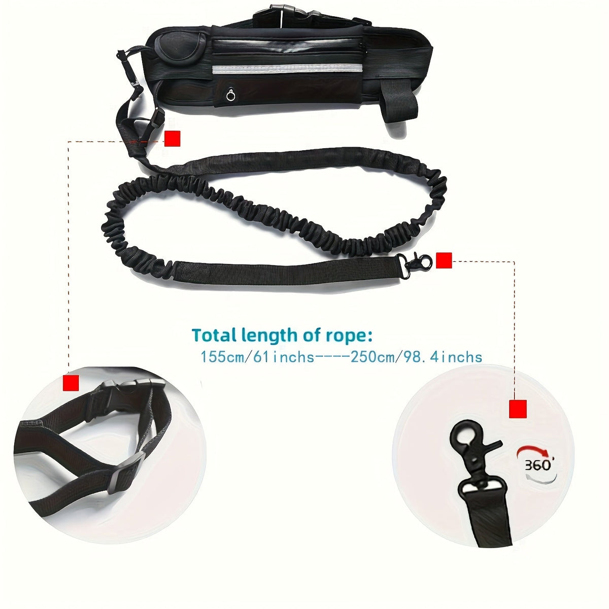 Laisse pour chien mains libres avec pochette zippée et double poignée rembourrée – Laisse élastique antichoc pour la marche, le jogging et l'entraînement à la course, laisse ventrale pour propriétaires d'animaux actifs