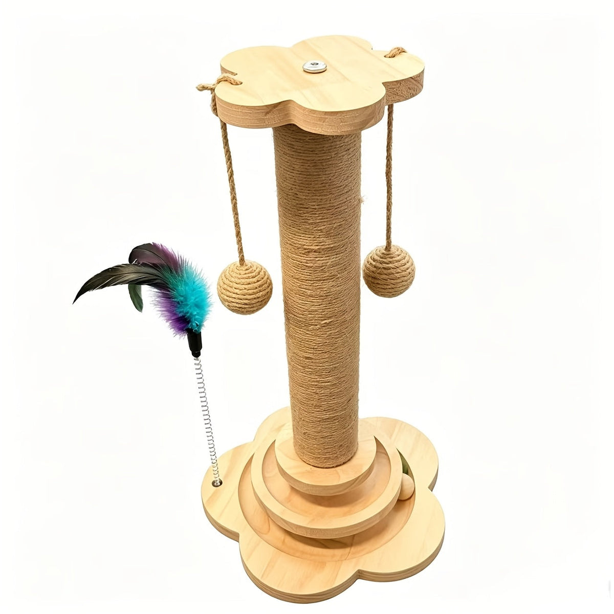 Arbre à chat multi-niveaux en sisal de qualité supérieure avec 6 balles jouets en bois, 2 balles suspendues et 2 plumeaux, base antidérapante, arbre à chat interactif pour chats d'intérieur et chatons