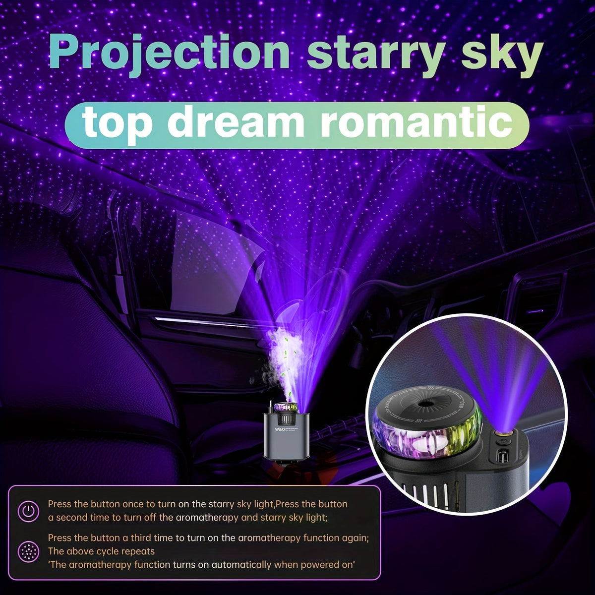 Chargeur de voiture rétractable 3-en-1 avec projecteur d'étoiles et aromathérapie – Câble USB-C à charge rapide de 80 cm pour iPhone 16 17 et Galaxy S25 S26, chargeur de téléphone pour voiture avec éclairage d'ambiance (parfum vendu séparément)