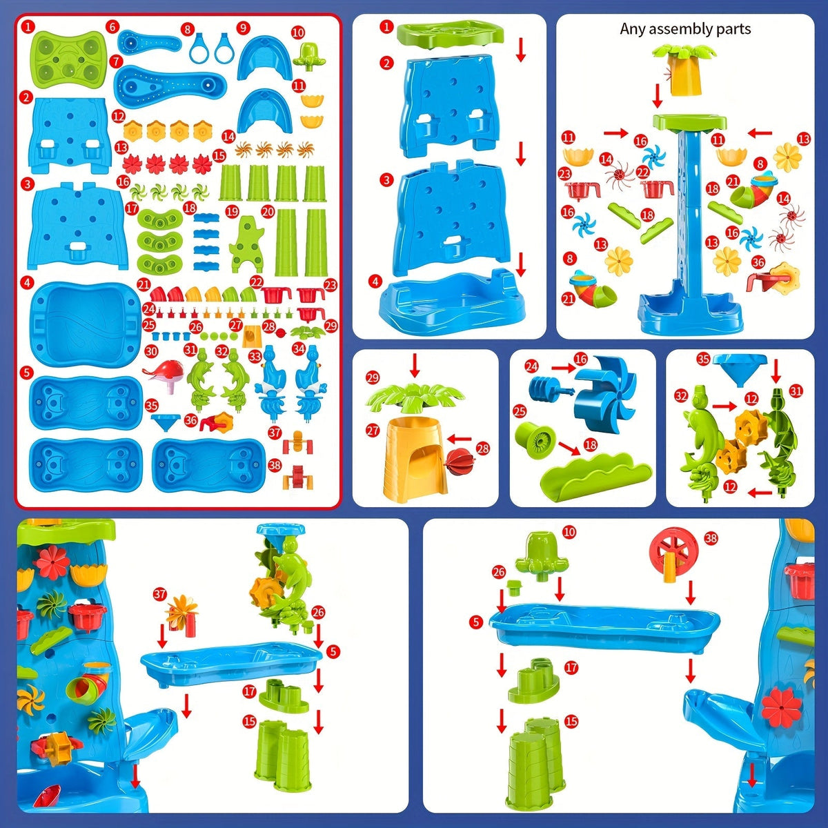 Table de jeu double face eau et sable pour enfants avec mur de labyrinthe à cascade – Table de jeu sensoriel d'extérieur pour tout-petits, garçons et filles – Station d'activité estivale de plage pour le jardin, la terrasse et la piscine