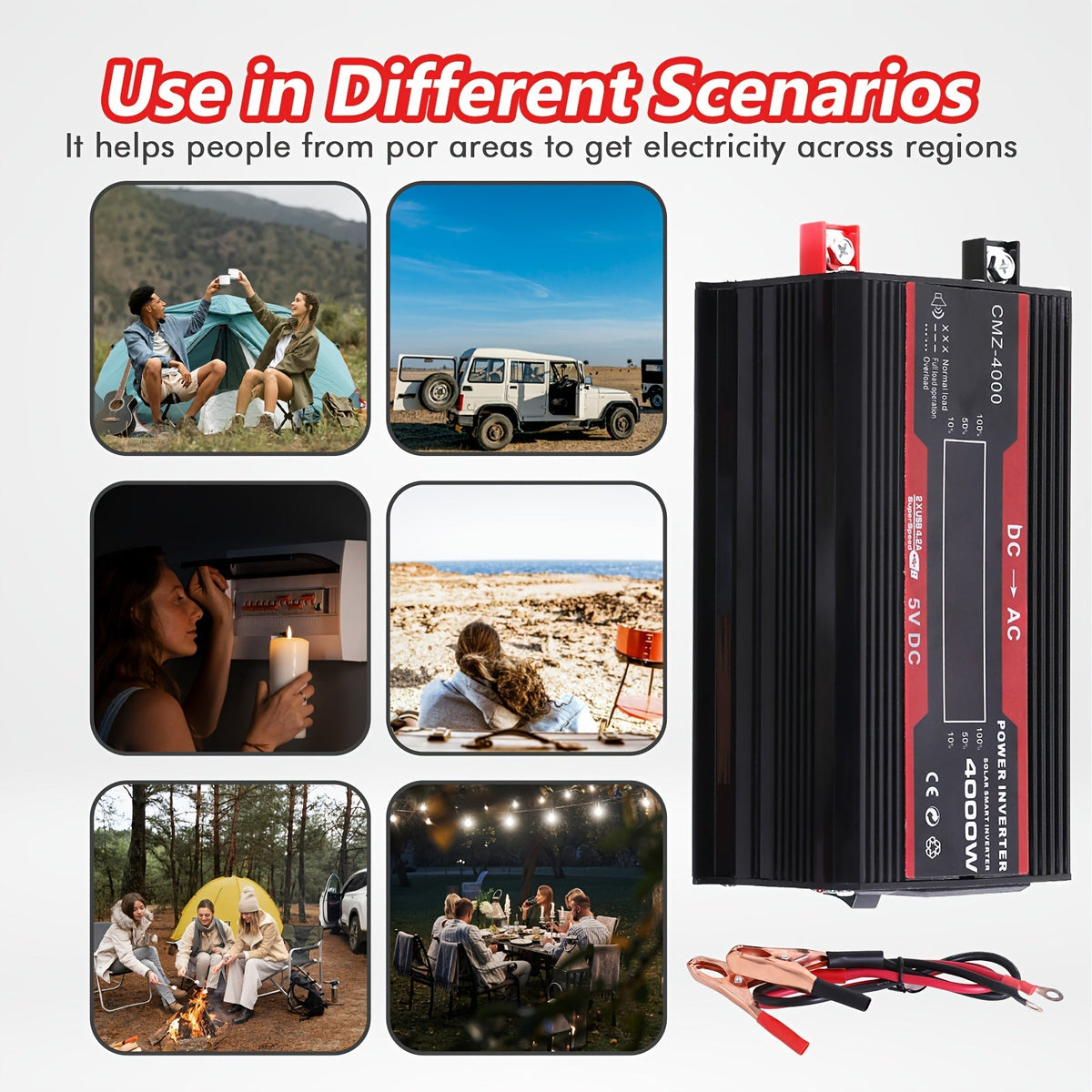 Onduleur de voiture 4000W CC 12V vers CA 110V avec écran LCD, ventilateur de refroidissement et protection contre les surcharges - Convertisseur portable de 800W nominal pour voyages en voiture, camping, activités en extérieur et kits d'urgence