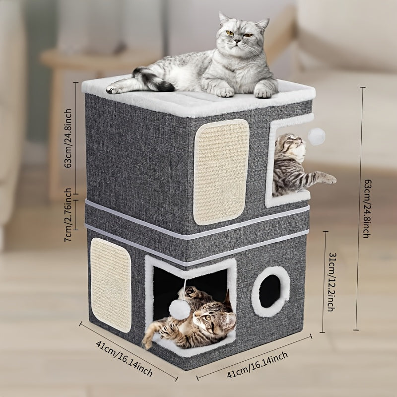 Maison pour chat pliable à 2 niveaux avec griffoir, balle suspendue en peluche et tunnel – Cube de couchage pour chat d'intérieur, structure en nylon et toile, design compact de 42 x 42 x 33 cm pour les petits espaces