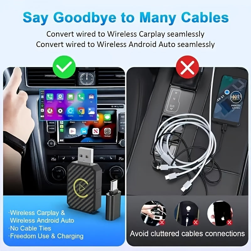 Mini adaptateur CarPlay sans fil, version améliorée 2025 – Dongle Plug & Play pour convertir le CarPlay filaire en sans fil pour Apple iPhone et Android, faible latence, connexion rapide et stable, aucune batterie requise, jeu de ports USB inclus