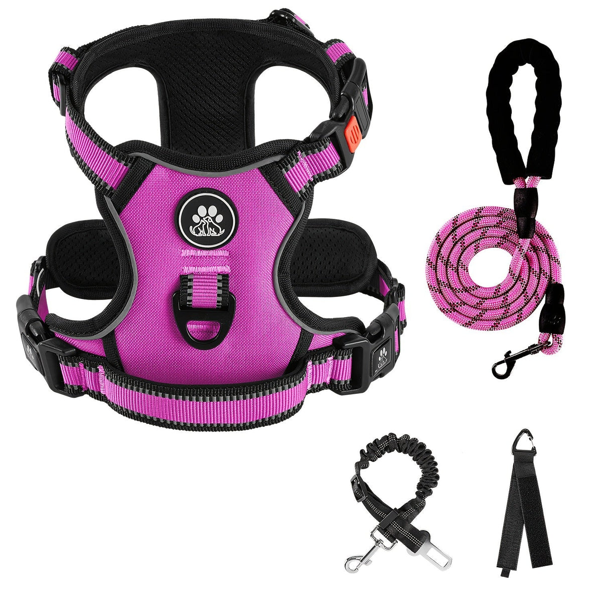 Ensemble harnais anti-traction pour chien avec laisse rétractable, ceinture de sécurité et collier – Harnais gilet entièrement réfléchissant, réglable et respirant avec poignée pour petits et grands chiens, tailles XS–XL