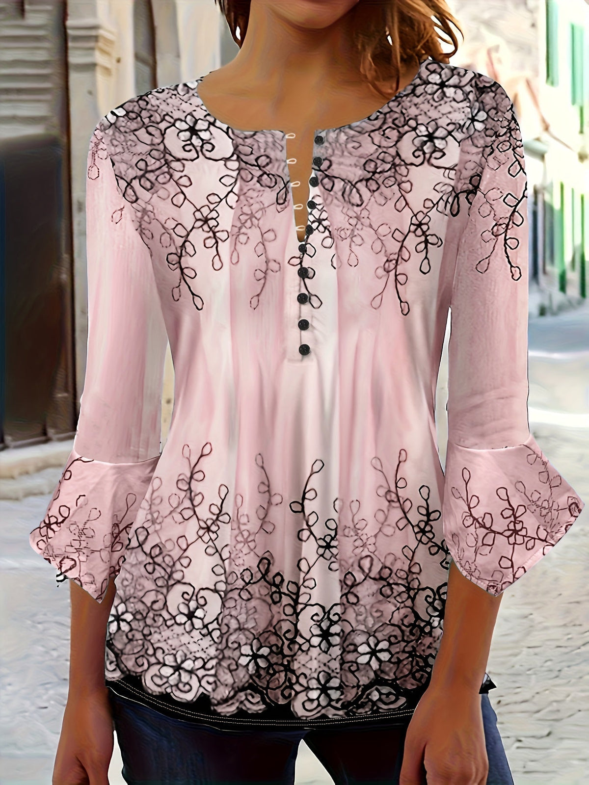 Chemisier boutonné à motif floral pour femme, haut tunique décontracté à manches évasées et volants, tissu en maille extensible doux, printemps, été, automne, S-XXL, lavable en machine