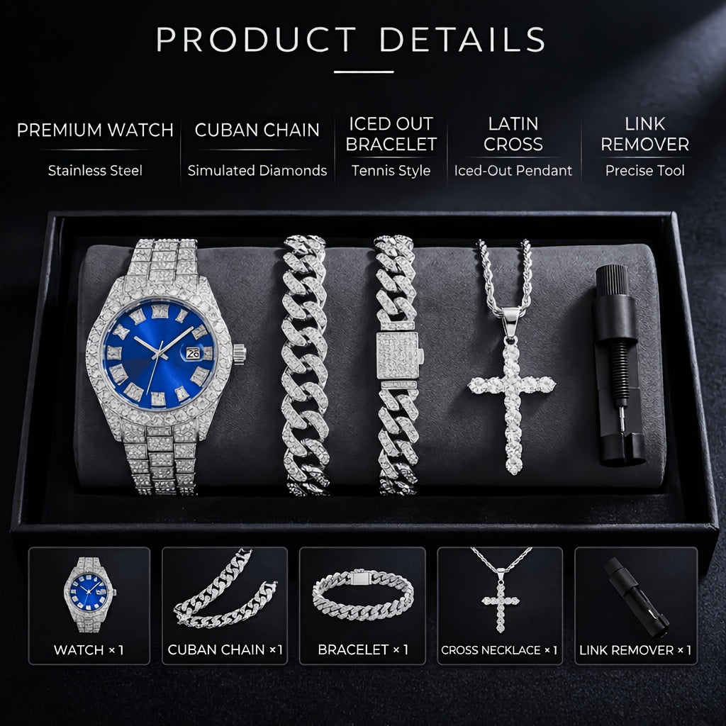 Parure de bijoux 4 pièces avec montre strass et pendentif croix, montre-bracelet analogique à quartz, collier, bracelet et boucles d'oreilles, cadeau unisexe pour lui ou elle, mariage