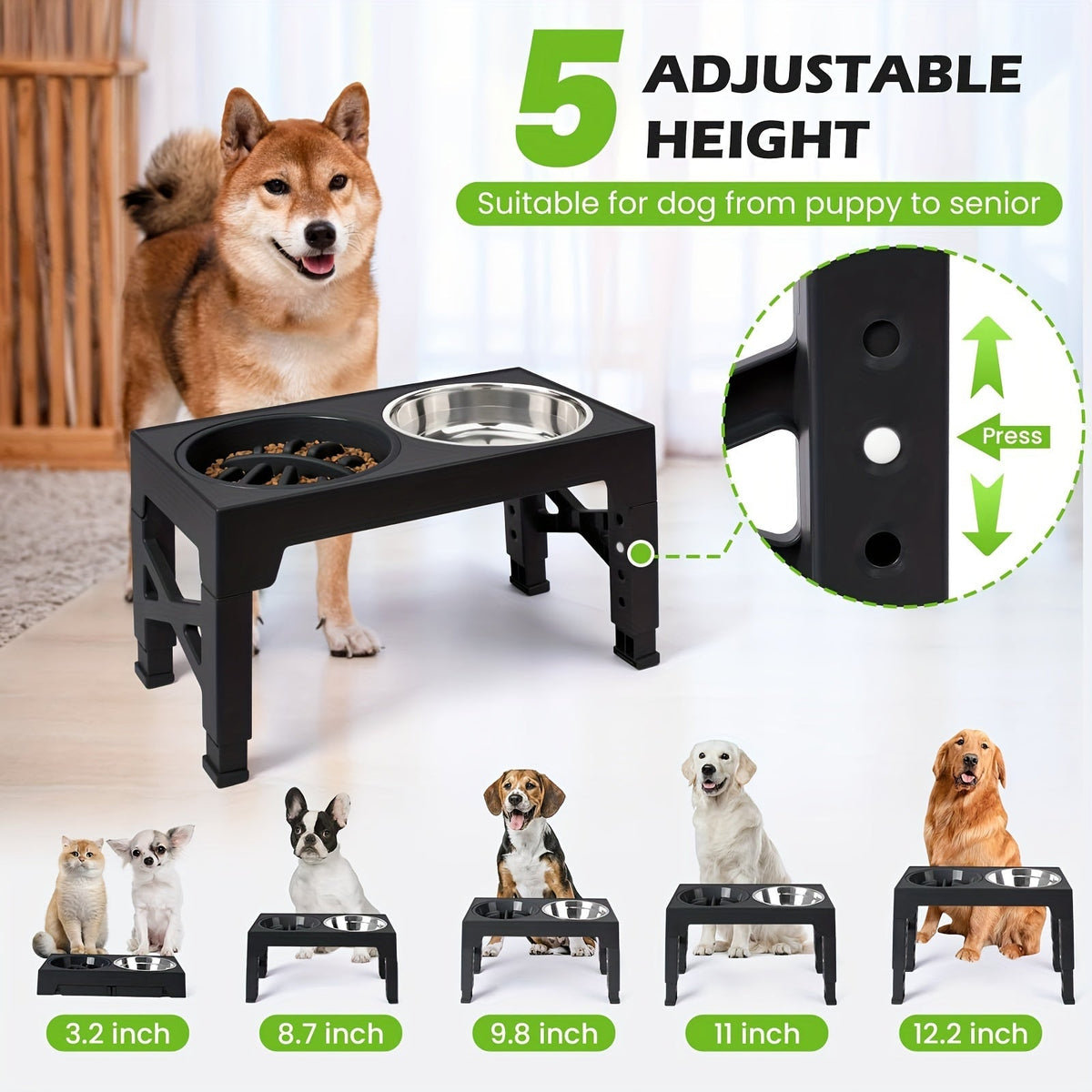 Support surélevé ajustable pour gamelles de chien avec lot de 3 gamelles – 5 hauteurs de 8,1 à 31 cm, 2 gamelles en acier inoxydable + gamelle anti-glouton pour petits, moyens et grands chiens, mangeoire surélevée noire ou grise