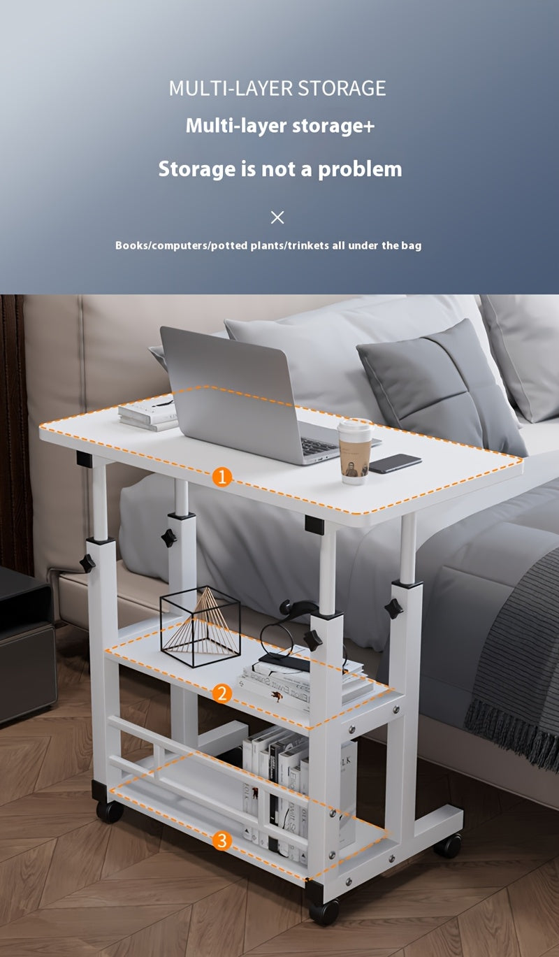 Bureau pliant à roulettes à 3 niveaux, hauteur réglable, plateau extensible, étagère de rangement pour ordinateur portable, bureau à domicile, chambre, salon, table d'ordinateur
