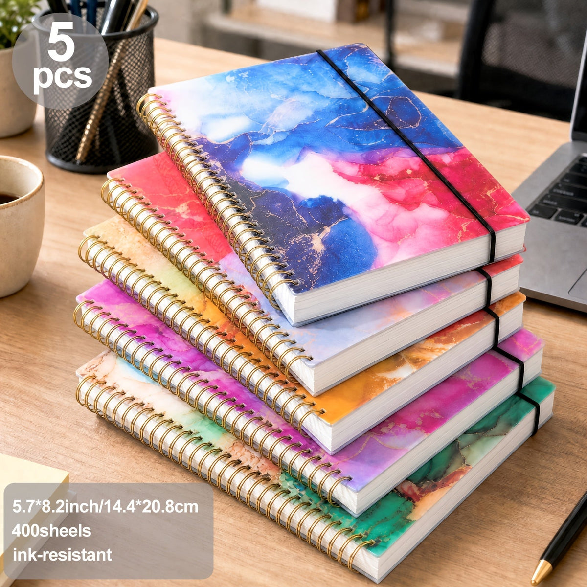 Lot de 5 carnets à spirales à couverture rigide effet marbre A5 – 400 feuilles de papier épais anti-transparence pour le travail, l'école et le journal intime, fournitures de rentrée scolaire, cadeau pour professeur