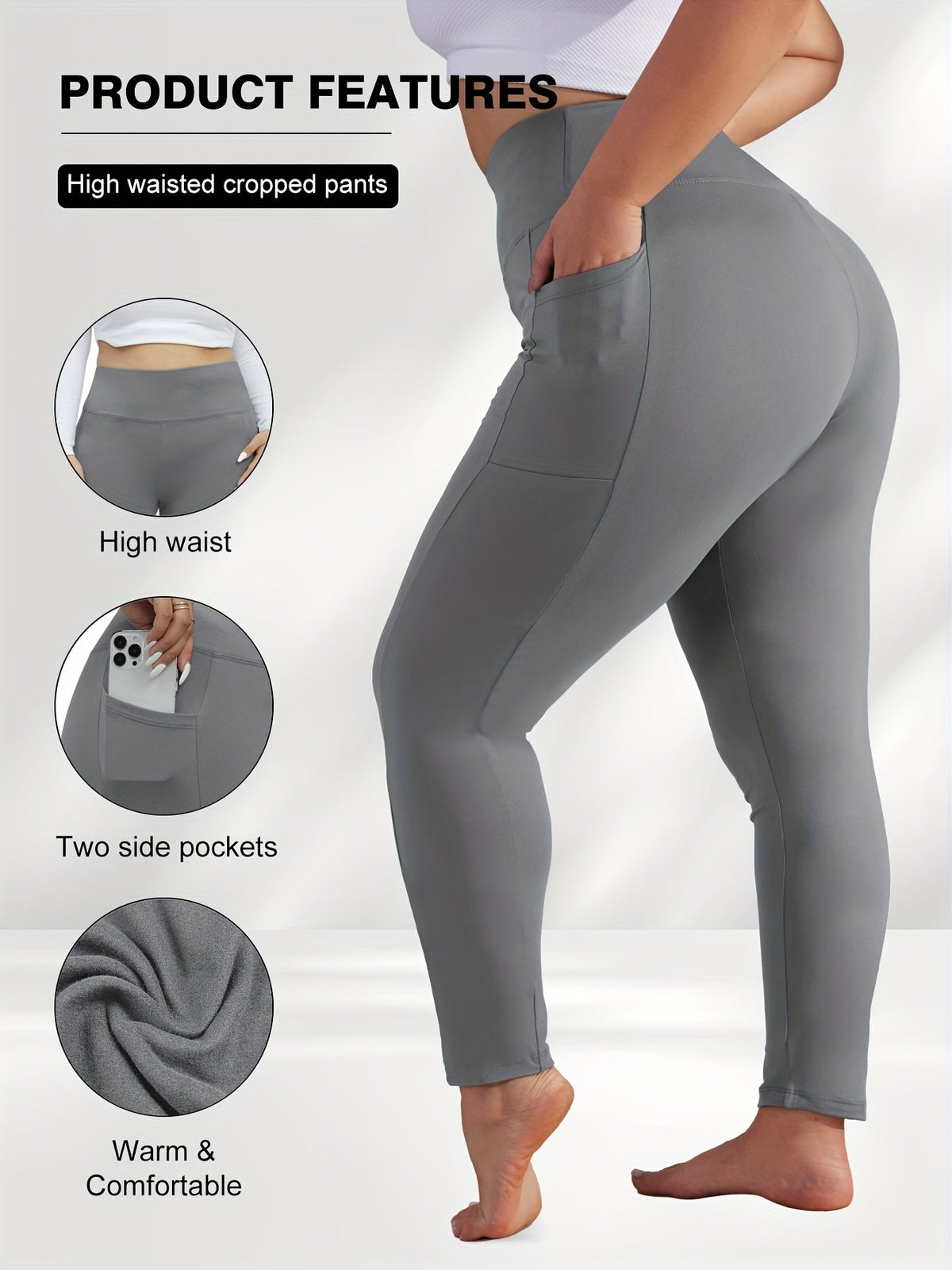 Pantalon de yoga grande taille pour femme avec poches – Legging chaud doublé en polaire taille haute pour l'automne et l'hiver, pantalon de sport moulant élastique, tailles 1XL-5XL en noir, gris, bordeaux et bleu marine