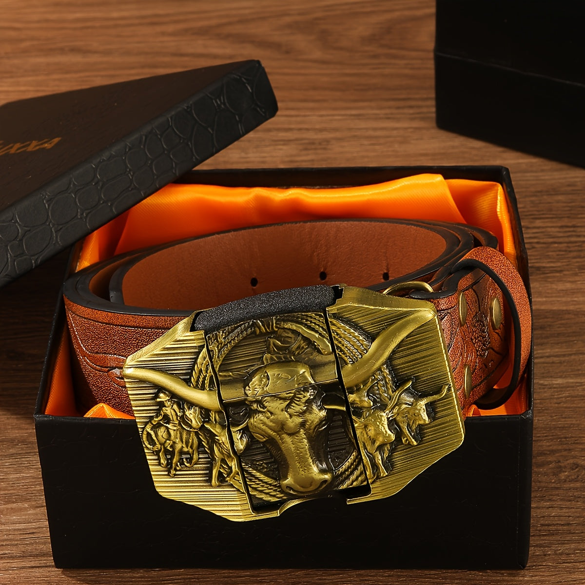 Ceinture de cowboy rétro avec briquet amovible – Ceinture fantaisie à motifs imprimés en relief (tête de mort, aigle, croix et motifs amérindiens), cadeau original pour hommes pour Noël, Thanksgiving et la Saint-Valentin