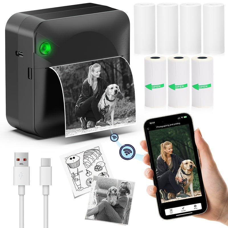 Mini imprimante thermique sans fil pour étiquettes – Imprimante de poche Bluetooth portable sans encre pour photos, journaux, notes et mémos, inclut 1 rouleau de papier thermique, imprimante intelligente de reçus et d'étiquettes