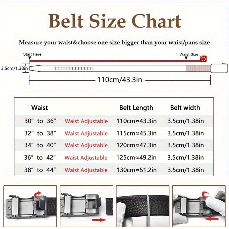 Ceinture pour homme en cuir véritable à boucle automatique avec cliquet – Ceinture habillée sans trou à boucle coulissante, noir/marron, convient aux tours de taille de 30" à 44", tenue formelle et décontractée