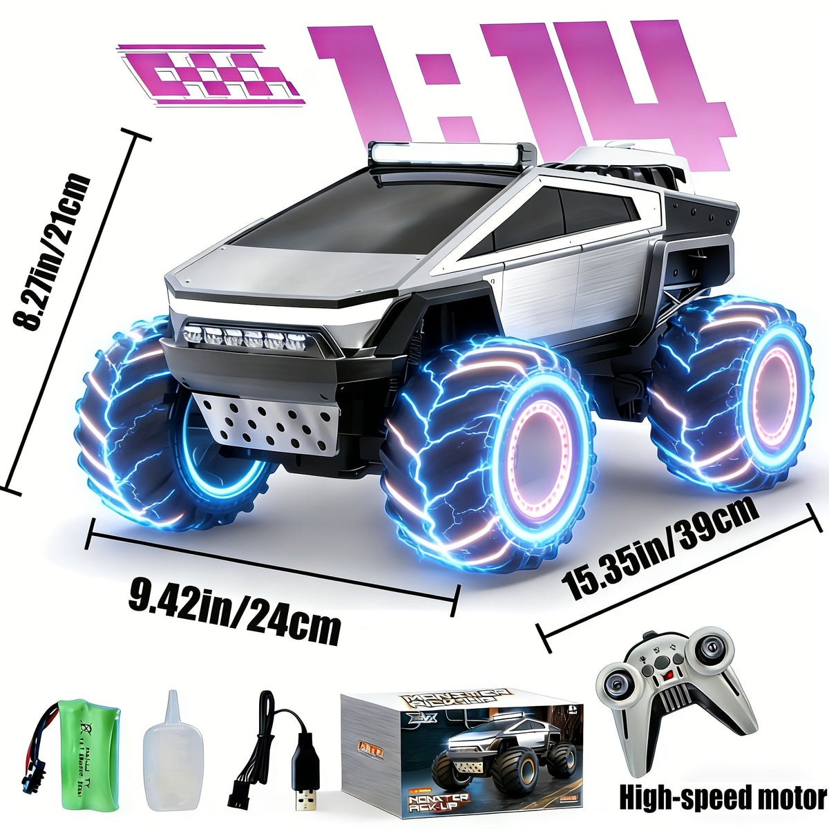 Monster Truck télécommandé 1:14 1:18, voiture RC tout-terrain 4WD 2,4 GHz avec lumières LED, effet fumée, son réaliste, carrosserie en métal et grandes roues pour enfants et adultes