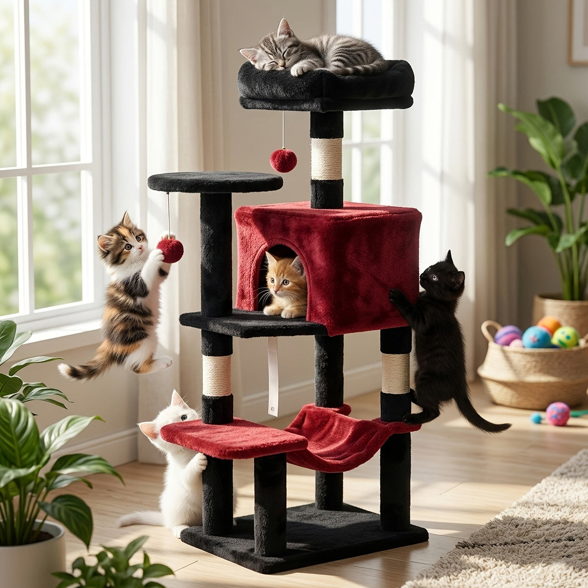 Arbre à chat avec hamac et poteaux à griffer en sisal de 112 cm – Condominium pour chats d'intérieur à plusieurs niveaux avec perchoirs naturels pour grands chats et foyers multi-chats, base stable et robuste, beige, gris, rose, noir