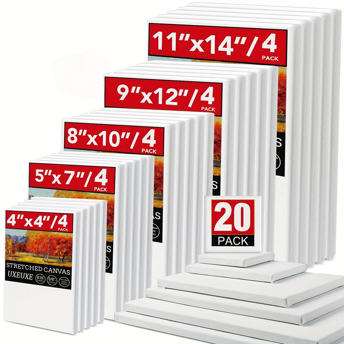 Lot de toiles tendues apprêtées en blanc, 100 % coton – Ensembles ronds, rectangulaires et carrés de 10, 15 et 20 pièces – Châssis entoilés d'artiste pour peinture acrylique, à l'huile, pouring et techniques mixtes