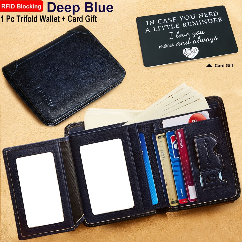 Portefeuille pour homme en cuir véritable avec protection RFID, trois volets, cuir de vachette vintage, porte-cartes de crédit, 2 fenêtres pour carte d'identité, pince à billets, emplacements pour espèces, cadeau de fête des pères pour papa ou mari