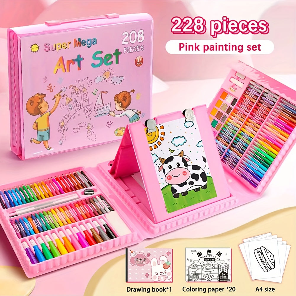 Kit de dessin et peinture pour enfants de 228 pièces avec chevalet, kit complet pour débutants de 3 à 12 ans, inclut carnet de croquis, livre de coloriage, marqueurs acryliques, feutres aquarellables, pastels à l'huile, crayons de couleur et gomme