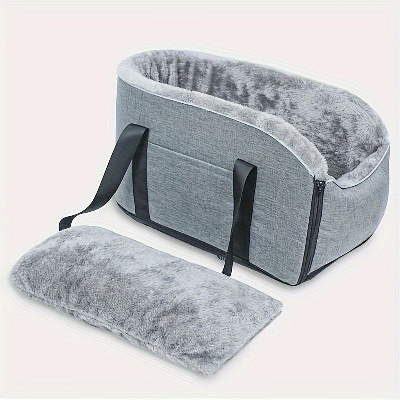 Lit pour console centrale de voiture pour animaux de compagnie - Panier pour chien et chat amovible avec sac à main détachable, transporteur toutes saisons pour console de voiture, gris et noir, compagnon de voyage confortable