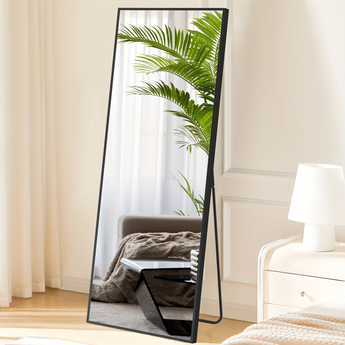 Miroir sur pied pleine longueur avec lumières LED - Sommet arqué et rectangulaire, cadre en aluminium, miroir habillage sur pied de 180 cm pour chambre et salon, noir or blanc, verre trempé de 5 mm