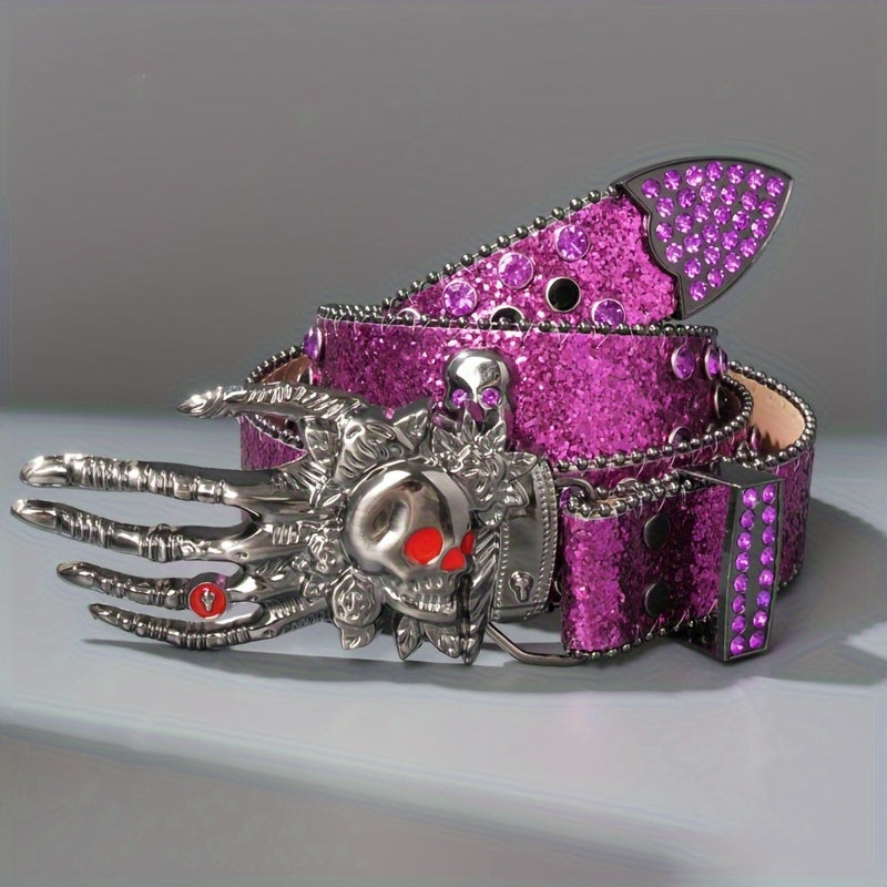 Ceinture punk unisexe à tête de mort – Similicuir orné de strass avec boucle tête de mort en alliage de zinc, accessoire de mode audacieux pour Halloween, les fêtes et le quotidien, 5 couleurs disponibles