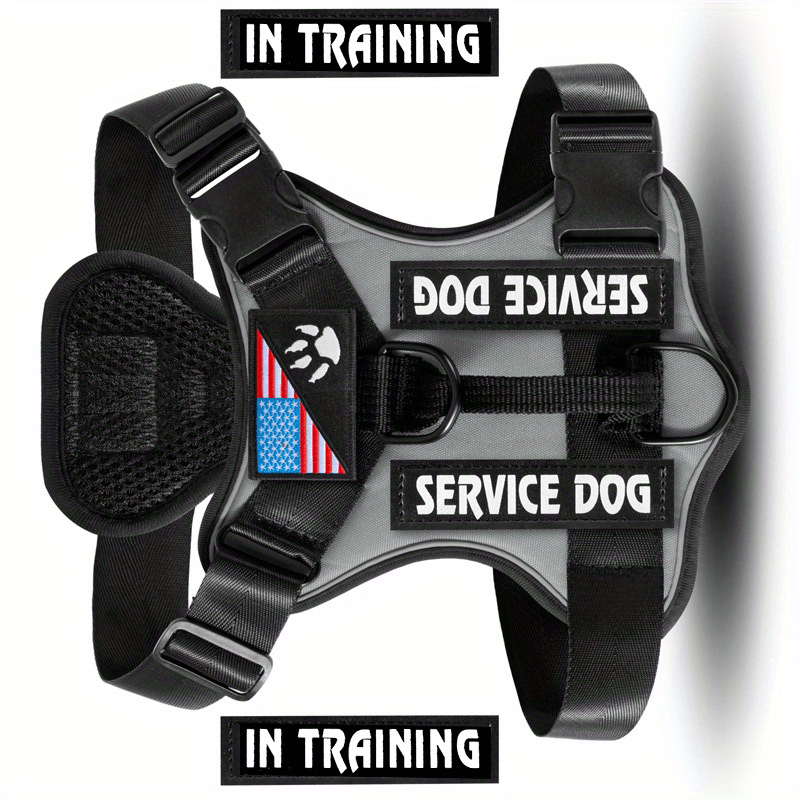 Harnais anti-traction pour chien avec gilet réfléchissant et 5 écussons – Harnais de service réglable en maille Oxford souple, avec attaches avant et arrière pour chiens de petite, moyenne et grande taille, de XS à XL